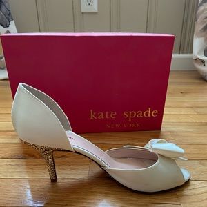Kate Spade Sala Ivory Satin/Gold Glitter Heels US8